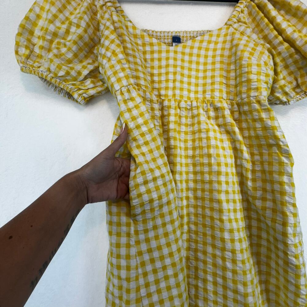 Old Navy Butter Yellow Seersucker Puffed Sleeve Dress Size L Sweetheart Neckline - Picture 5 of 10